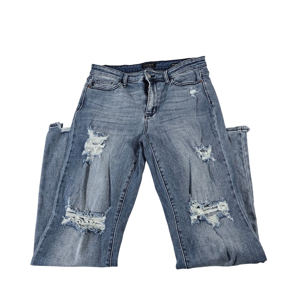 Judy‎ Blue Straight Fit Distressed Raw Hem Jeans Medium Wash JB82425MD 13/31